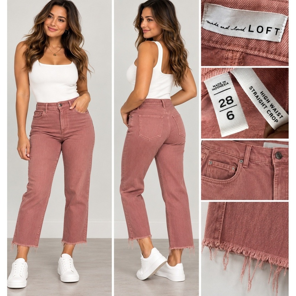 LOFT High Waist Straight Crop Jeans 28/6 Dusty Rose Pink Frayed Hem Denim
